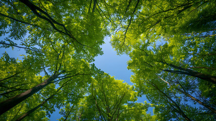 Fototapeta premium A view from below of trees in a forest with green tops and a blue sky background.