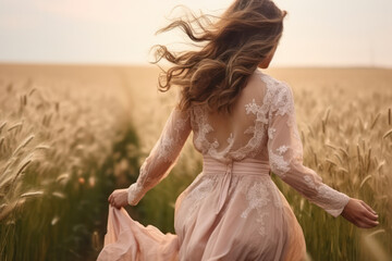 Beauty of Summer: A Young Woman in a Flowy Yellow Dress Embracing Freedom and Enjoying the Romantic Sunset in a Green Meadow
