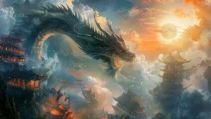 The Chinese dragon, surrounded by auspicious clouds and the golden moon in the background - obrazy, fototapety, plakaty