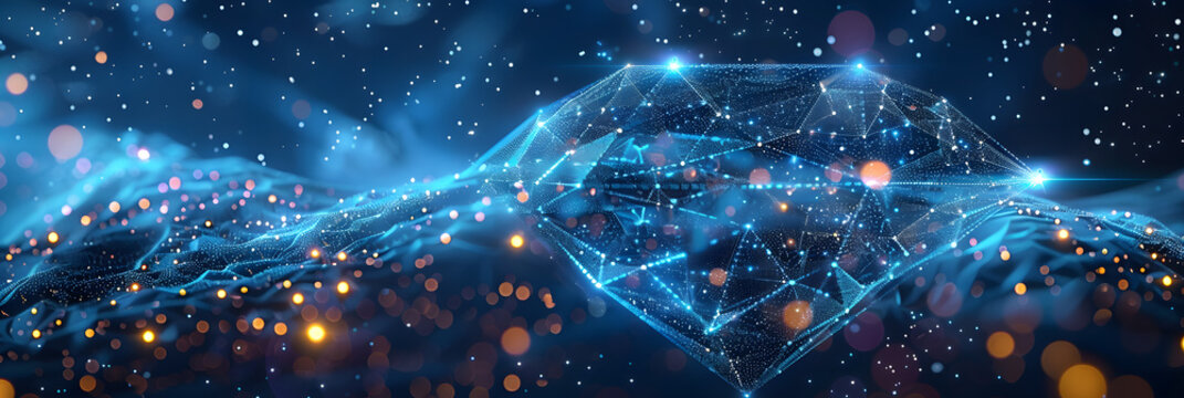 Wireframe mesh with crumbling edges, looking like constellations on blue night skies with points and stars. Symbol and illustration of jewelry, gems, luxury and wealth.