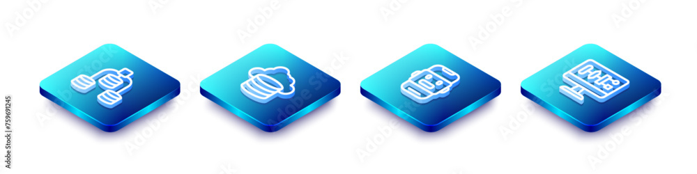 Poster Set Isometric line Server, Data, Cloud database, Chat bot and Algorithm icon. Vector