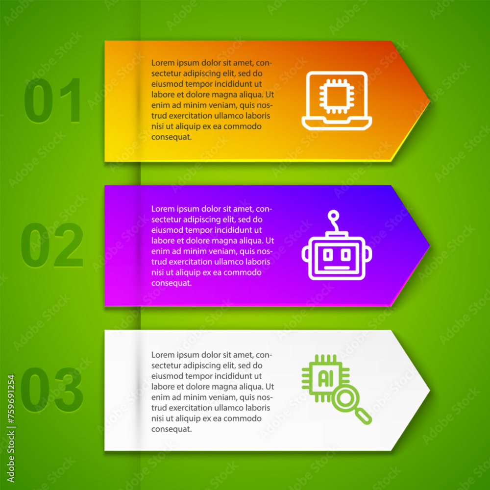 Poster set line processor cpu, artificial intelligence robot and . business infographic template. vector