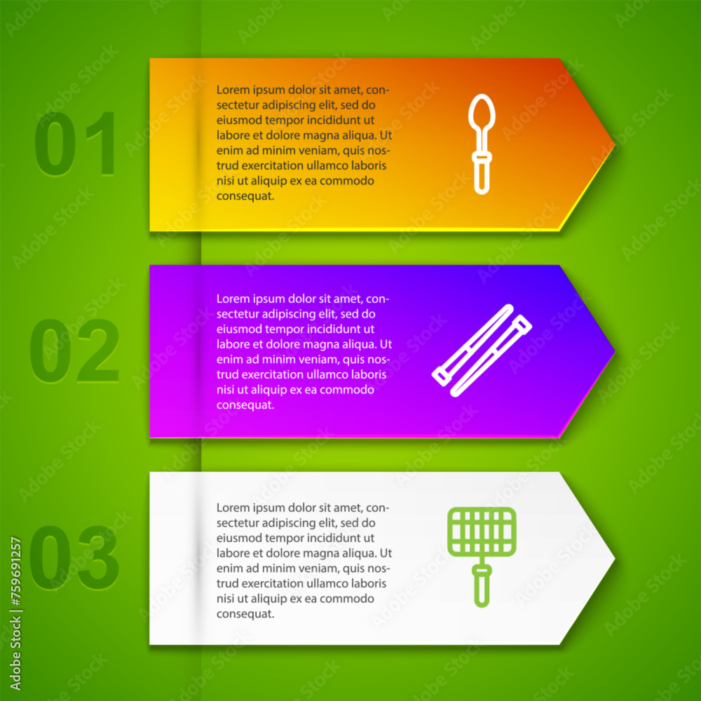 Wall mural Set line Teaspoon, Food chopsticks and Barbecue steel grid. Business infographic template. Vector