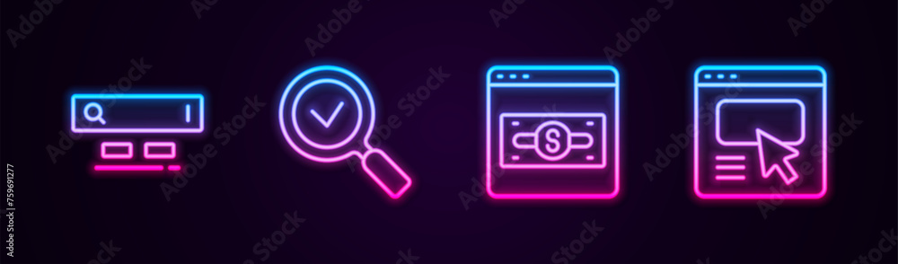 Poster set line search engine, magnifying glass with check mark, online shopping on screen and ui or ux des