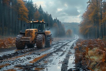 A powerful orange tractor makes its way through a muddy forest path, highlighting rural work in...