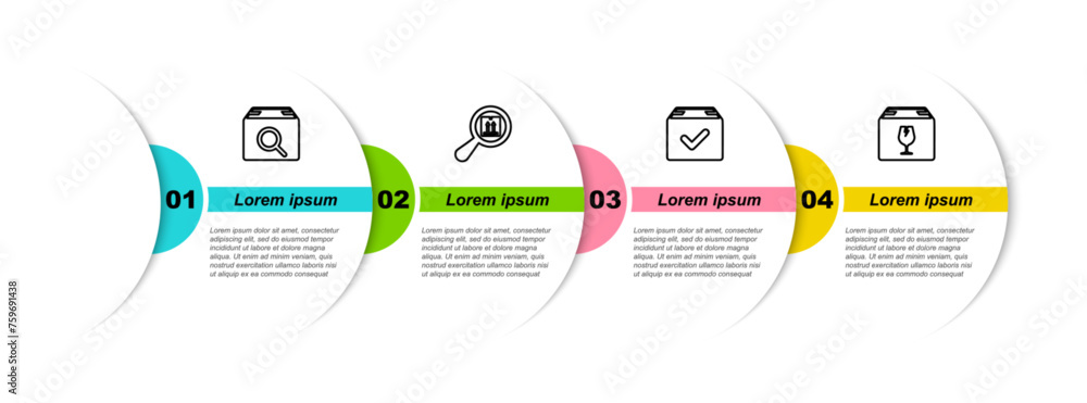 Poster set line search package, , package box with check mark and delivery fragile content. business infogr