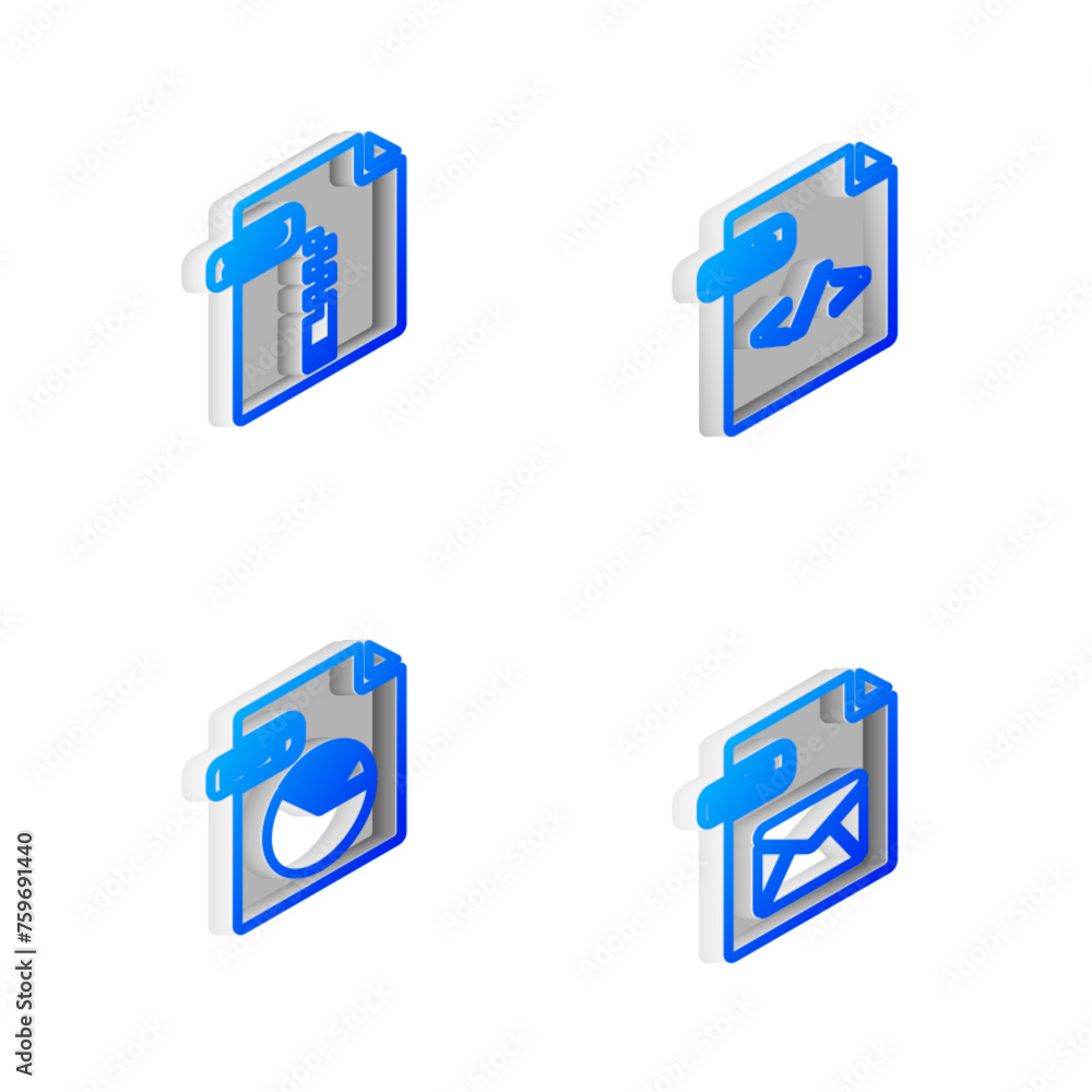 Poster set isometric line html file document, zip, ppt and eml icon. vector