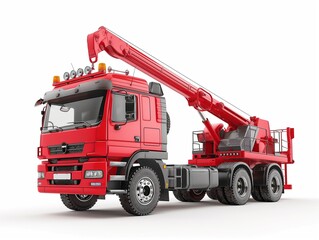 Red truck with crane isolated on white background