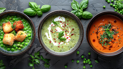 cremige Erbsensuppe mit knusprig gebratenen Fischstücken