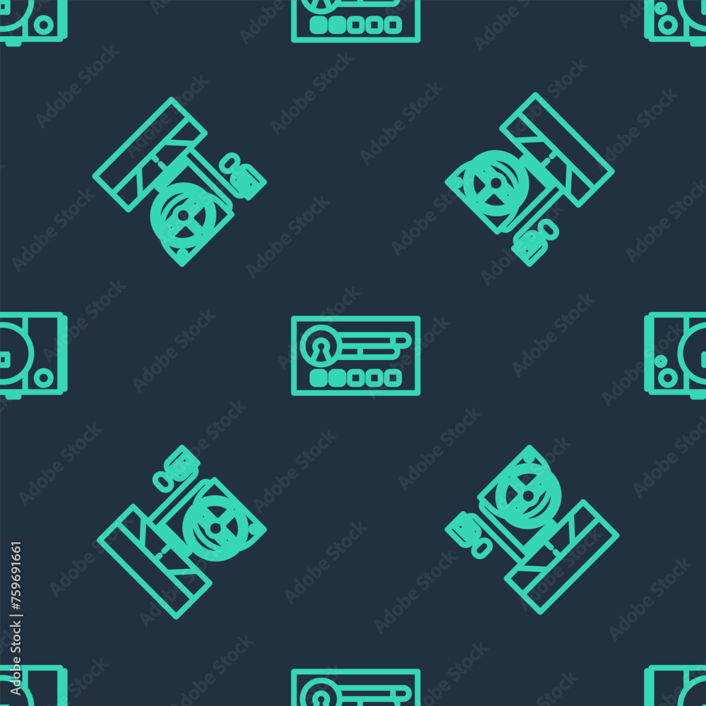 Poster set line create account screen, racing simulator cockpit and video game console on seamless pattern.