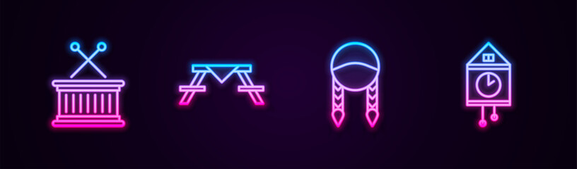 Set line Musical drum and sticks, Picnic table with benches, Braid and Retro wall watch. Glowing neon icon. Vector