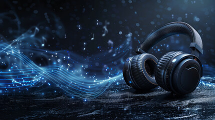 Over-ear headphones on dark surface with blue sound waves visualizing audio technology and high fidelity