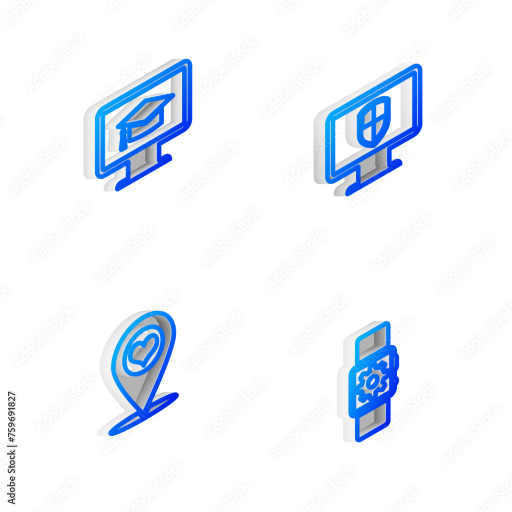 Poster set isometric line monitor and shield, with graduation cap, map pointer heart and smartwatch setting