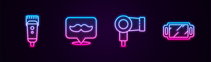 Set line Electrical hair clipper or shaver, Barbershop, Hair dryer and Hand mirror. Glowing neon icon. Vector - obrazy, fototapety, plakaty