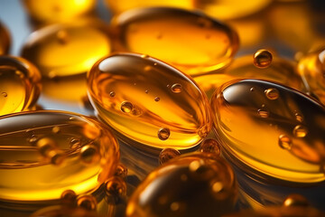 Banner with a pile of yellow pills. Close-up of golden capsules with omega-3 fish oil