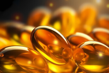 Close-up fish oil background. Banner with a pile of golden capsules with omega-3 fish oil