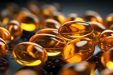 A pile of yellow pills on a shop window. Close-up of golden capsules with omega-3 fish oil