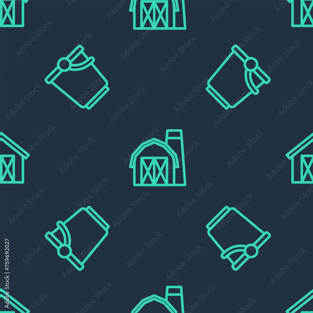 Poster set line farm house, bucket and on seamless pattern. vector