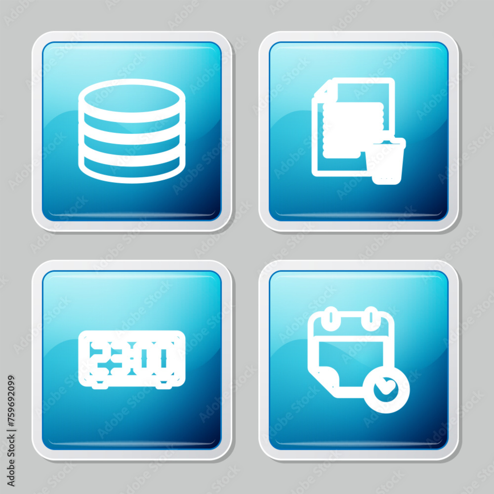 Poster set line database, delete file document, digital alarm clock and calendar and icon. vector