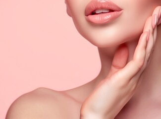 Obraz na płótnie Canvas Close up view of young beautiful caucasian woman face over pink background. Lips contouring, SPA therapy, skincare, cosmetology and plastic surgery concept