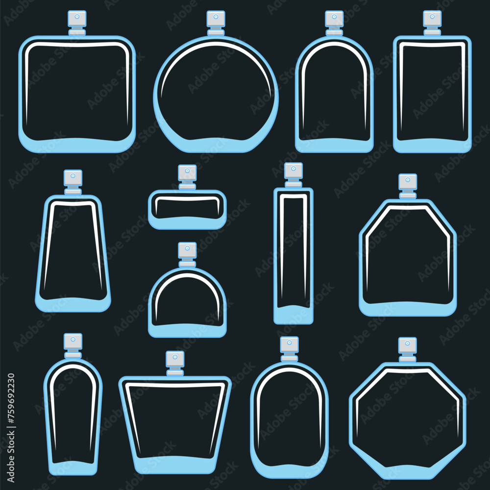Poster set of color illustration with bottle of perfume spray. isolated vector object on black background.