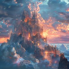 Cloud Castle wandering through serene skies ethereal architecture - obrazy, fototapety, plakaty
