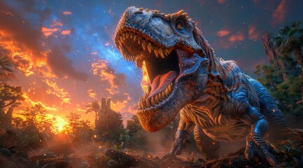 An imposing Tyrannosaurus Rex roars mightily against a backdrop of a fiery sunset and prehistoric...