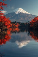 Fototapeta na wymiar Japan style poster with mount fuji bakground, sakura, pagoda landscape