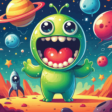 Free vector cheerful alien monster cartoon character with open mouth