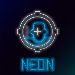 Glowing neon line Headshot icon isolated on black background. Sniper and marksman is shooting on the head of man, lethal attack, assault and assassination. Colorful outline concept. Vector