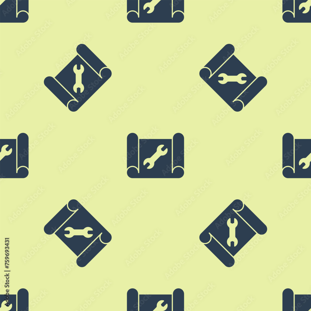 Poster blue graphing paper for engineering and wrench icon isolated seamless pattern on yellow background. 