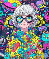 Manga Girl Portrait Psychedelic Colorful Pop-art Concept Drawing image HD Print Neo Art V7 44
