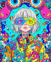 Manga Girl Portrait Psychedelic Colorful Pop-art Concept Drawing image HD Print Neo Art V7 42