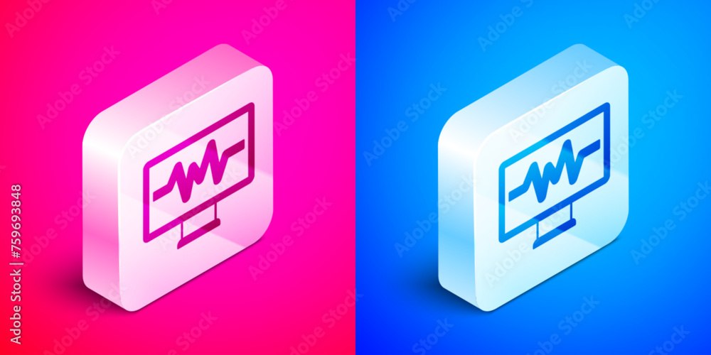 Poster isometric computer monitor with cardiogram icon isolated on pink and blue background. monitoring ico