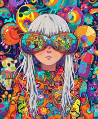 Manga Girl Portrait Psychedelic Colorful Pop-art Concept Drawing image HD Print Neo Art V7 36