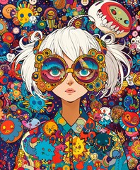 Manga Girl Portrait Psychedelic Colorful Pop-art Concept Drawing image HD Print Neo Art V7 35