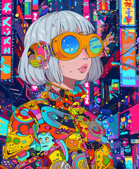 Manga Girl Portrait Psychedelic Colorful Pop-art Concept Drawing image HD Print Neo Art V7 32