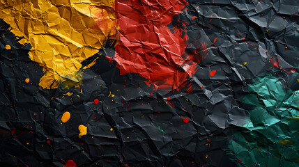Empty crumpled black paper texture background splattered with red, yellow, green colors paint