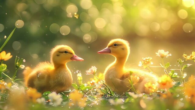 Cute newborn yellow chicks are walking on green grass among blooming wildflowers. Easter eggs. Spring flowering chamomile. Baby chickens in nature.  spring celebration. 4k video Happy Easter