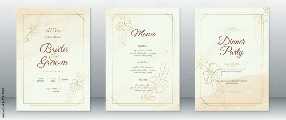 Wall mural Wedding invitation card template luxury with gold frame and rose leaf golden design    
