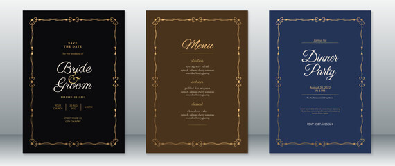 Luxury wedding invitation card template design with dark background and golden frame ornament