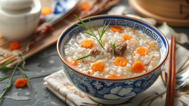 A traditional Chinese-style image showcasing carrot and beef porridge for a baby food recipe, against a background infused with elements of Chinese culture