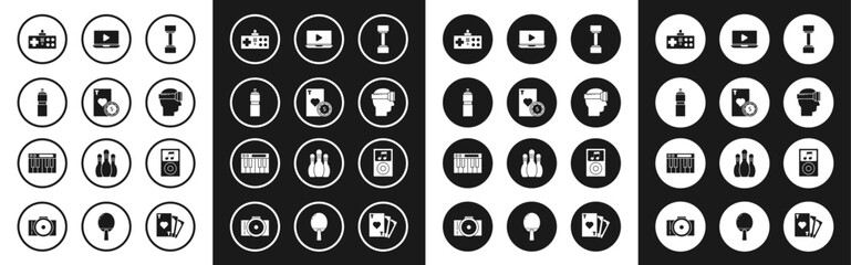 Set Dumbbell, Casino chip and playing cards, Fitness shaker, Gamepad, Virtual reality glasses, Online video, Music player and synthesizer icon. Vector