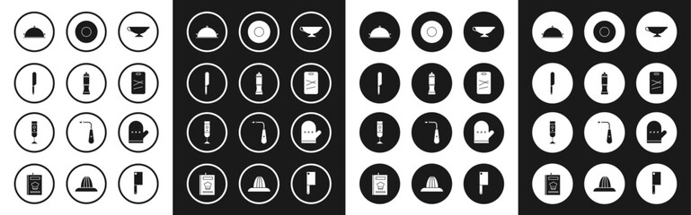 Set Sauce boat, Pepper, Knife, Covered with tray of food, Cutting board, Plate, Oven glove and Blender icon. Vector