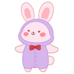 Isolated cute rabbit wearing purple clothes with a happy smile.