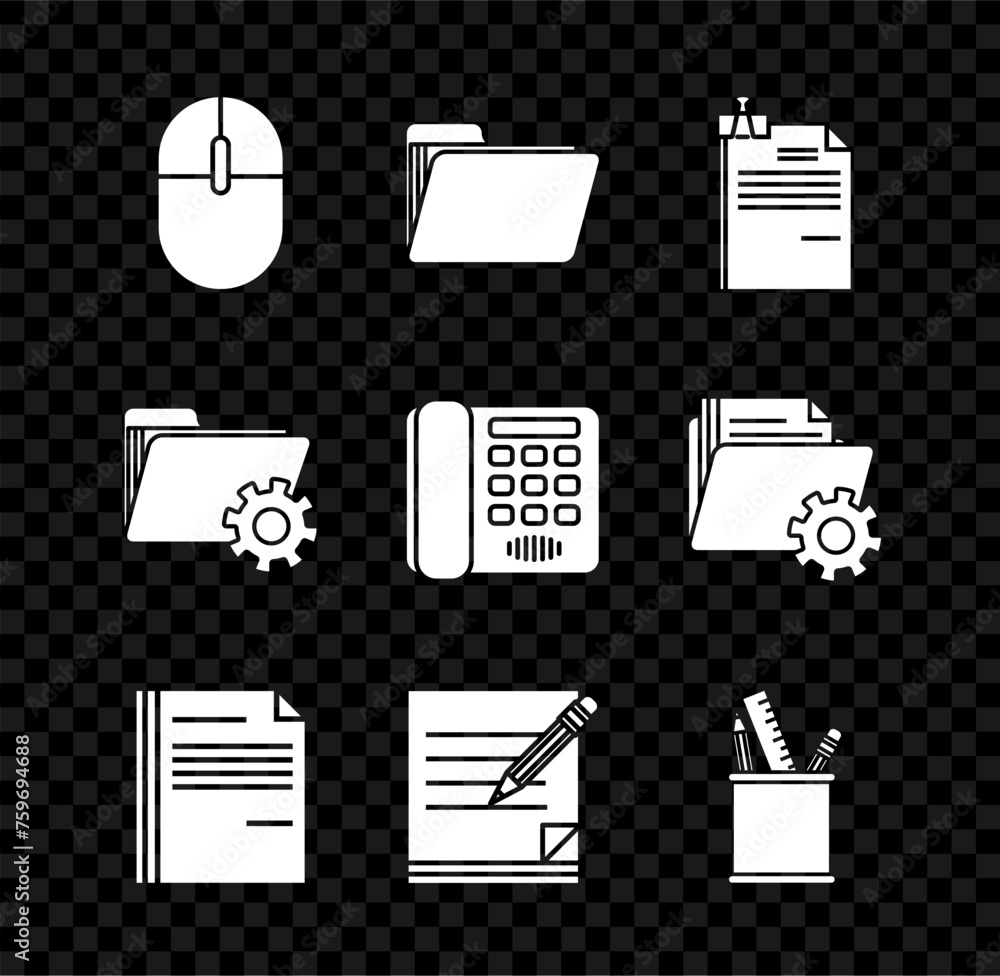 Poster set computer mouse, document folder, file document and binder clip, blank notebook pencil with erase