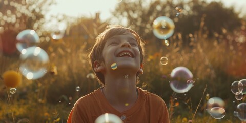 child blowing soap bubbles in nature Generative AI - obrazy, fototapety, plakaty