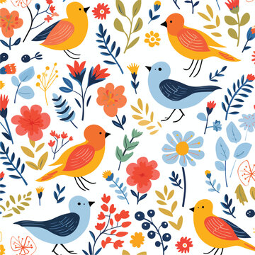 Cute floral seamless pattern with bird and flowers