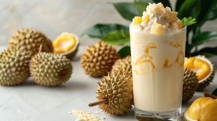 Durian milk shake served in plastic cups with durians kept with it and is a refreshing treat for the summer, Generative AI.