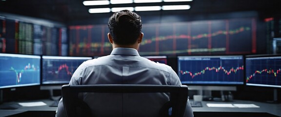 mmerse yourself in the world of finance with a creative depiction of a businessman, his back presented in a half-turn as he sits in front of a commanding monitor. The lines on the screen seem to twist - obrazy, fototapety, plakaty
